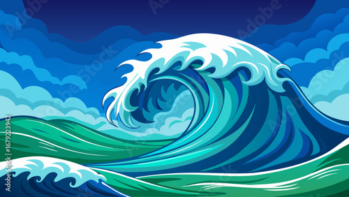 Dramatic ocean wave illustration with dark blue sky and vibrant green water