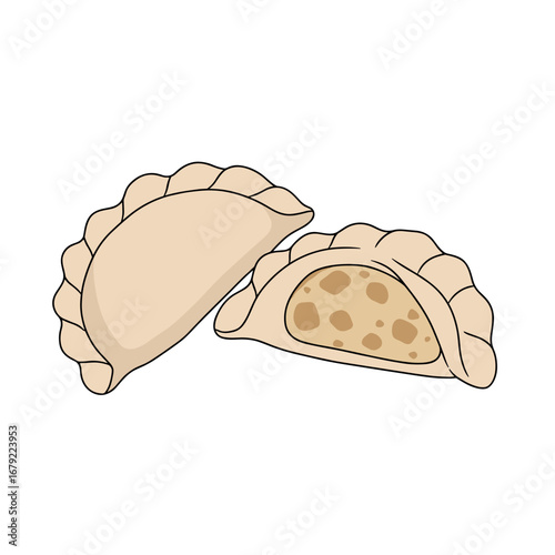 Two beige dumplings, one whole and one revealing a speckled filling