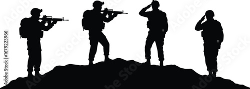 Group of Soldiers Silhouettes Saluting and Aiming on Hill, Military Team, Combat Operation, Army Unity, War Zone Vector Illustration