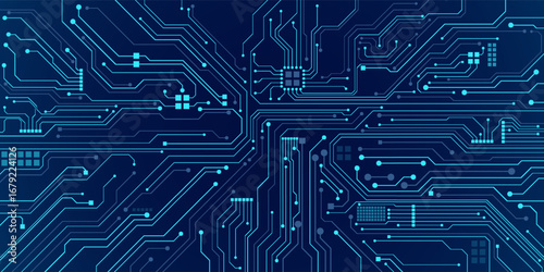 Abstract AI circuit board background. Technology connected blue lines with electronics elements on tech bg. Computer motherboard with a chip, processor, and semiconductor. Digital vector illustration