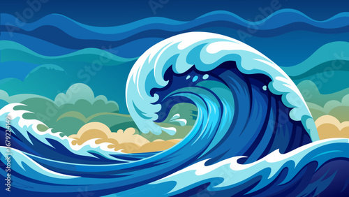 A powerful ocean wave crests against a cloudy sky with a sandy beach