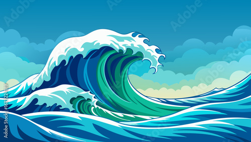 A vibrant ocean wave crests under a bright sky, showcasing a beautiful seascape