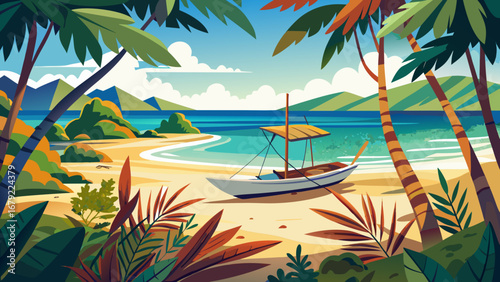 Tropical beach with palm trees and a boat on the sand in a sunny day