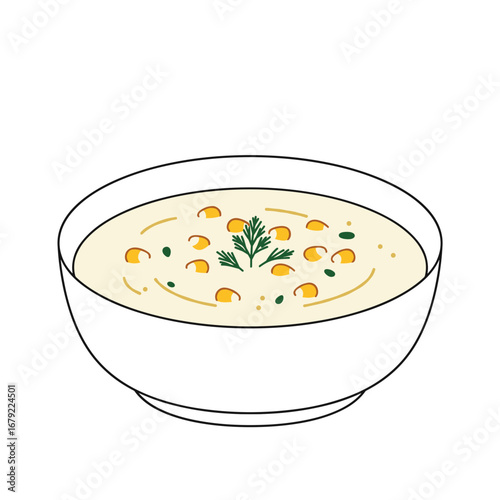 Creamy Corn Soup in a Simple White Bowl with Fresh Herbs