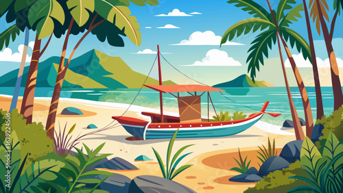 A boat rests on a tropical beach with palm trees and mountains view