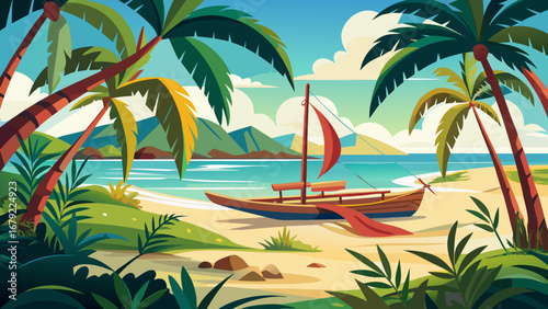 A boat rests on the sandy beach of a tropical island paradise getaway