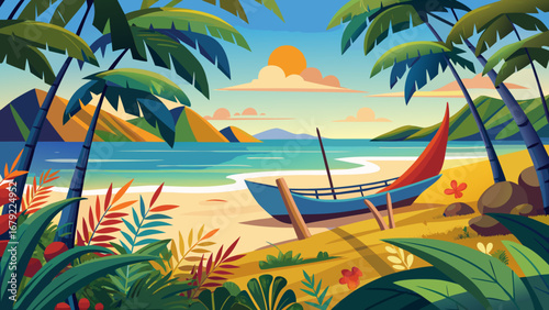A tropical island beach scene with a boat, palm trees, and clear blue waters