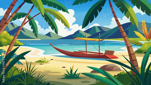A tranquil tropical beach with a boat, palm trees, and distant mountain view
