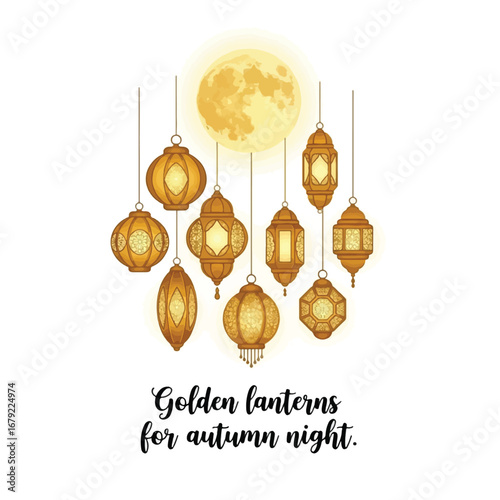 A collection of ornate golden lanterns hanging in front of a full yellow moon, with 'Golden lanterns for autumn night' text.