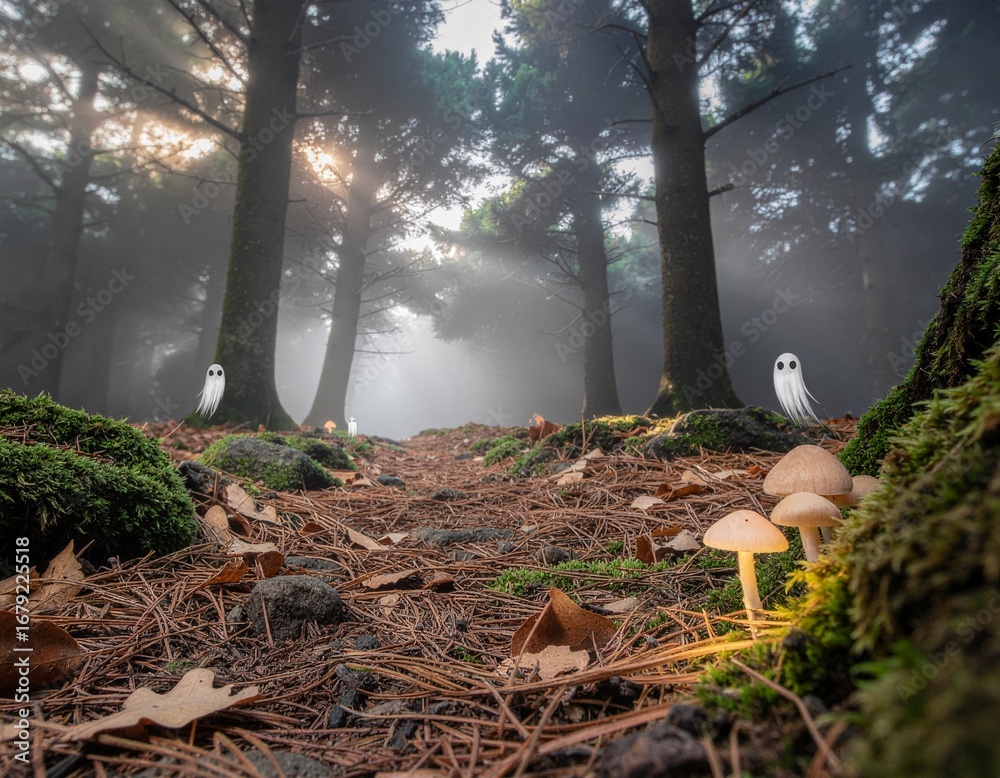 Obraz premium Spooky Forest with Glowing Mushrooms and Cute Ghosts on Halloween Night