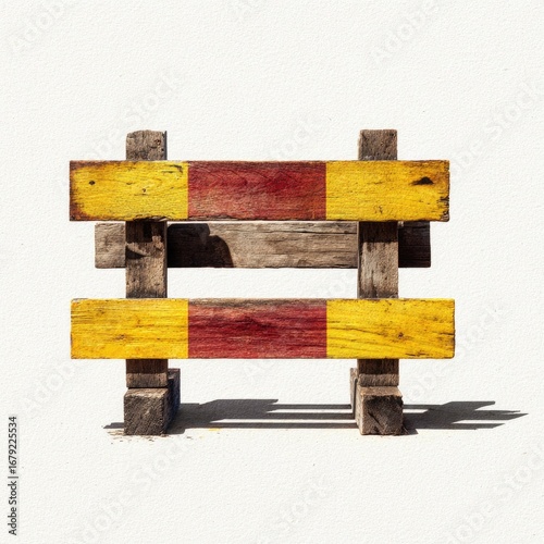 Wooden barrier with yellow and red stripes
