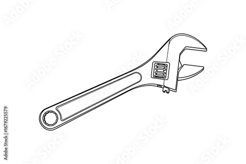 Adjustable Wrench Outline, Hand Tool Equipment, Silver Metal, Repairing Hardware, Isolated Vector Illustration