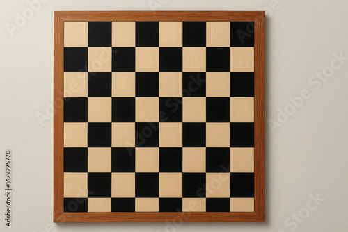 Top-down view of a wooden framed chessboard with alternating light and dark squares, perfect for strategy games