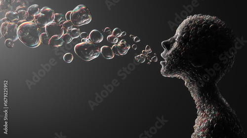 A mesmerizing sculpture of a human figure made entirely of bubbles exhales a stream of iridescent bubbles against a dark background, creating an enchanting visual effect.