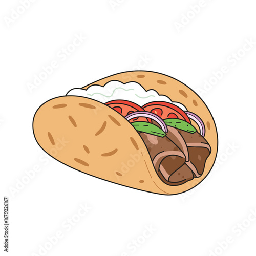 Cartoon Gyro Wrap with Sliced Tomatoes, Onions, Meat and Creamy Sauce