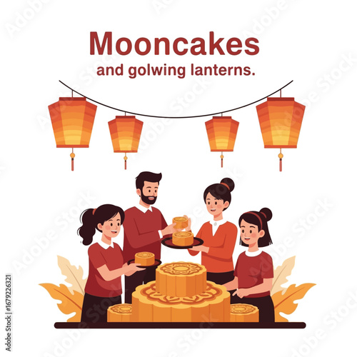 A happy family celebrates the Mid-Autumn Festival with mooncakes and glowing lanterns, enjoying traditional treats together.