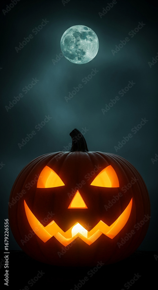 Fototapeta premium Lit jack-o'-lantern against a dark, moonlit sky, creating a spooky Halloween atmosphere, perfect for autumnal or festive designs