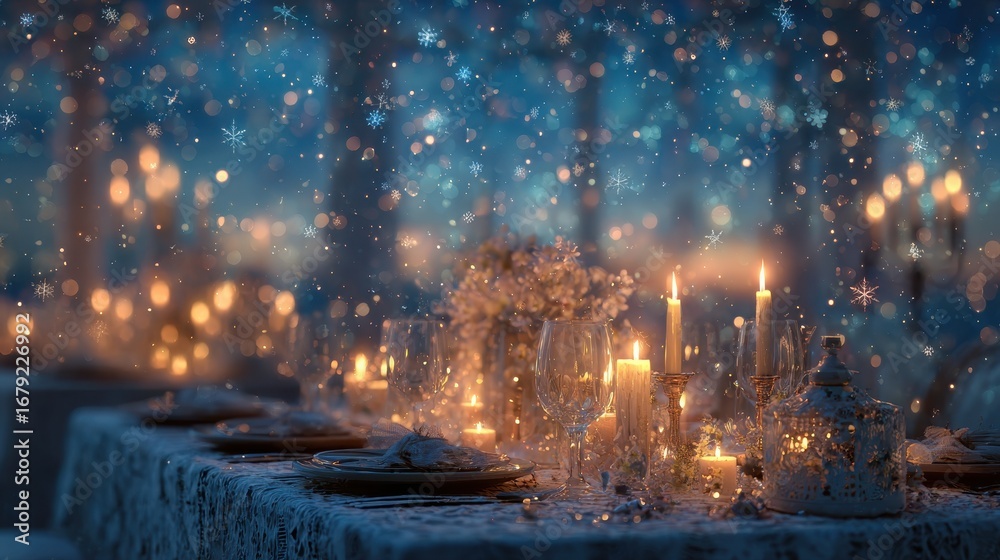 Fototapeta premium Elegant dining setup with glowing candles.