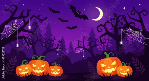 Enchanting Halloween night with spooky pumpkins, bats, cobwebs, and a crescent moon illuminating a mystical purple forest creating a festive and eerie atmosphere for the holiday celebrations