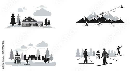 Winter Mountain Vacation Scenes Black and White Illustrations