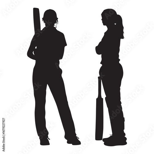 Silhouette of Two Female Cricket Players: Team Strategy, Discussion, Sport silhouette