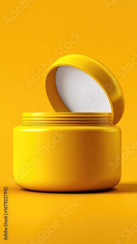 Yellow jar, open lid, white cream