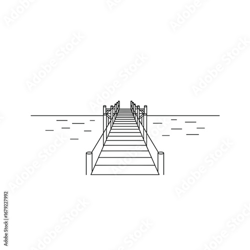 Minimalist Line Art: Wooden Pier Extending Over Calm Water Surface