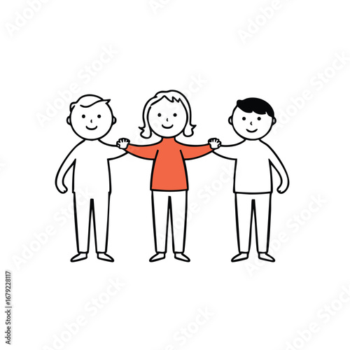 A group of three simple  diverse figures linking arms in solidarity. 