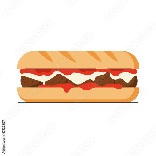 Cartoon Meatball Submarine Sandwich with Sauce and Cheese Illustration