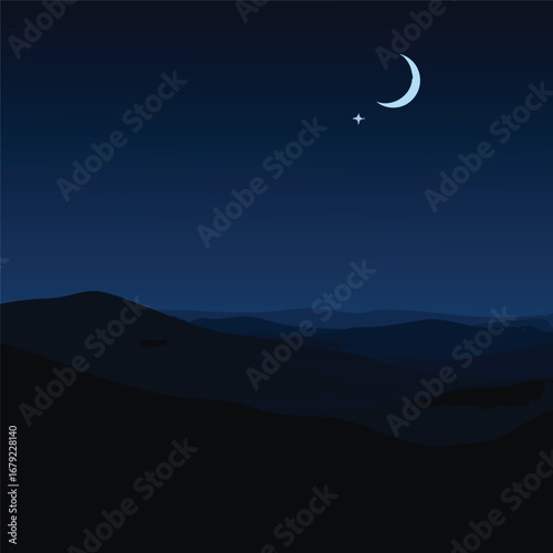 A serene landscape of dark  layered hills under a deep blue night sky 