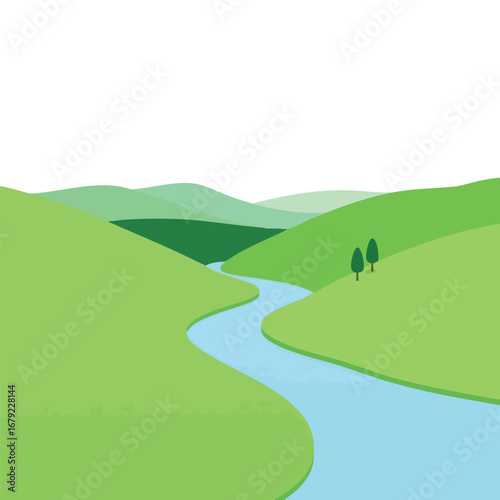 A simple river winds through a lush green valley  flanked by minimalist mountains