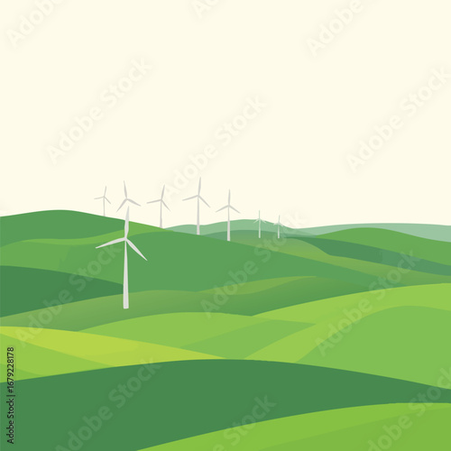 Rolling green hills feature a line of tall wind turbines 