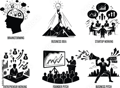 PrintBusiness development process with brainstorming, startup teamwork, entrepreneur working, founder pitch, business idea presentation, and marketing promotion concepts in black and white vector