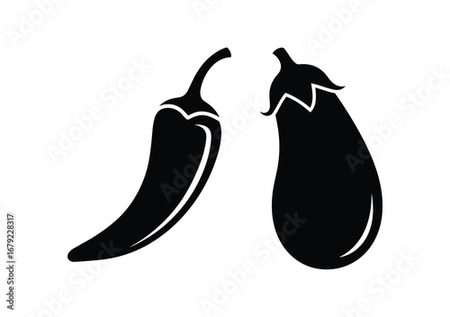 Chili Pepper and Eggplant Silhouette Vector Illustration, Food Vegetables Isolated on White