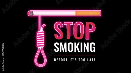 Stop Smoking Neon Animation on black background.