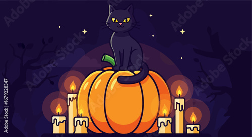 A spooky black cat perched atop a glowing pumpkin surrounded by flickering candles and silhouetted trees, perfect for Halloween-themed designs and celebrations