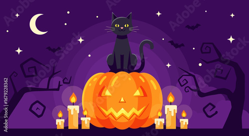 A black cat perched atop a carved Halloween pumpkin, illuminated by flickering candles under a crescent moon and spooky night sky