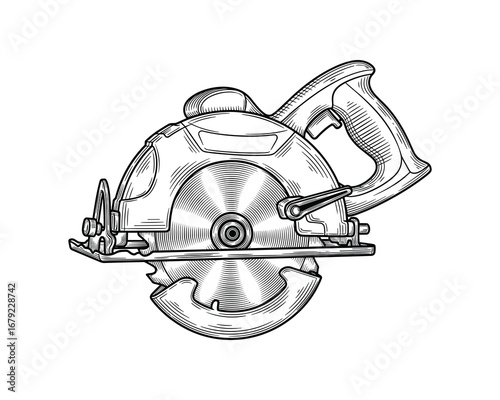 Circular Saw Detailed Engraving Style, Woodworking Tool Vector Illustration
