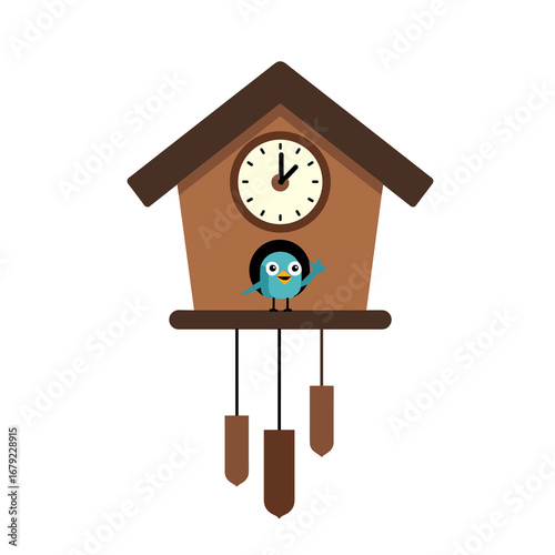 Cartoon Cuckoo Clock with a Blue Bird Waving, Flat Vector Illustration Design