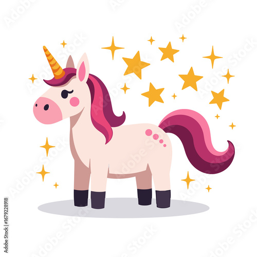 Cute Cartoon Unicorn with Pink Mane and Tail Surrounded by Sparkling Stars Vector Illustration