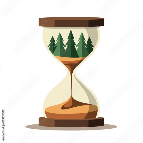 Hourglass with Forest Inside, Time Passing Concept Illustration for Environmental Awareness and Conservation