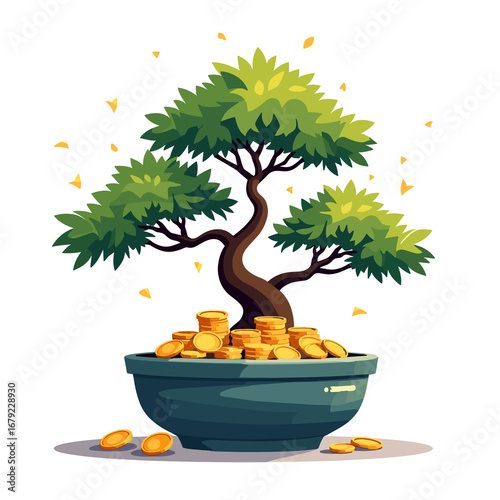 Conceptual Bonsai Tree with Golden Coins in a Pot Illustration Representing Financial Growth and Prosperity