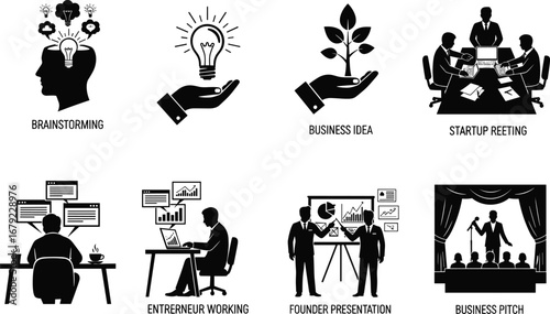 PrintBusiness startup process with brainstorming, idea creation, teamwork meeting, entrepreneur working, founder presentation, and investor pitch concepts in black and white vector illustration
