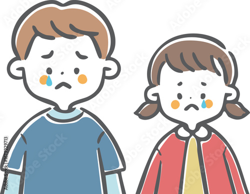 泣いている男の子と女の子のイラストセット　上半身　ベクター
