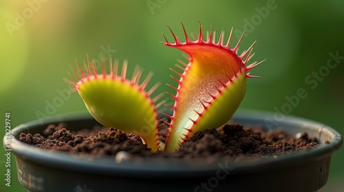 Close-up of venus flytraps with red spikes against a blurred background