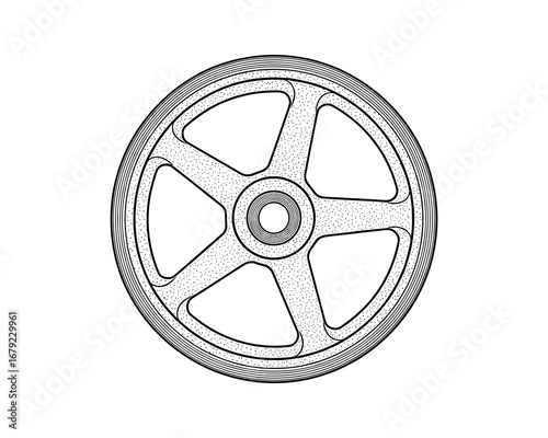 Detailed Line Art of a Five Spoke Wheel with Concentric Grooves Vector Illustration
