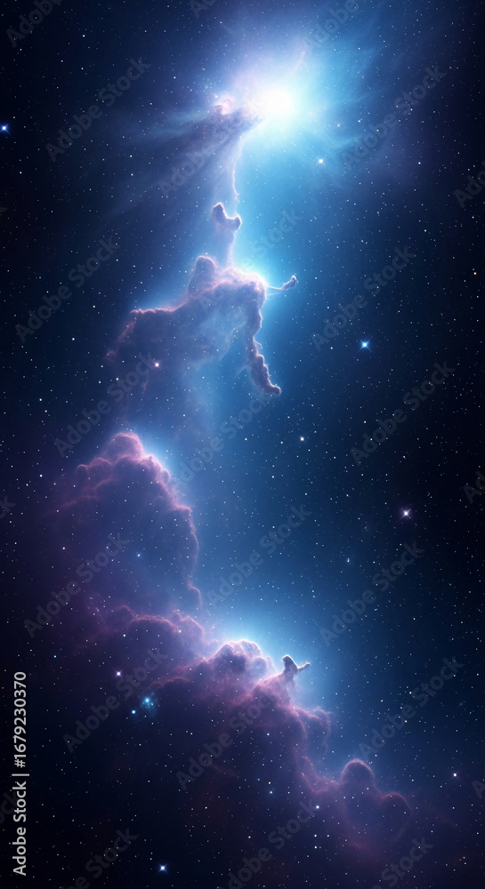Fototapeta premium Cosmic nebula image, showcasing vibrant blue and purple gas clouds, illuminated stars, and cosmic dust, representing the vastness and beauty of space, ideal for astronomy or science fiction themes