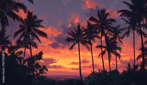 Sunset over tropical palms