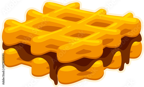 Fast food waffle dessert vintage Y2K sticker or symbol. Takeout menu sweets funky isolated vector tag, takeaway restaurant sticker. Street food meal label with belgian waffles and chocolate topping