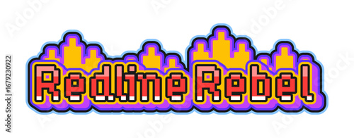 Automobile speed race redline rebel retro Y2K sticker or symbol. Formula 1 championship vintage vector sticker, speed racing grand prix patch. Race tag with pixelated fire flames and typography